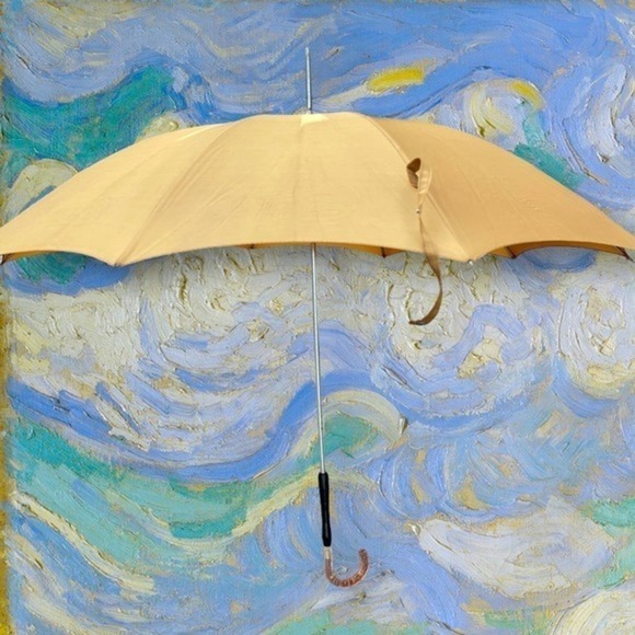 Vintage Tan Acrylic With Tinsel Glitter Hook Handle Mid Century Pagoda Umbrella - Picture 4 of 13